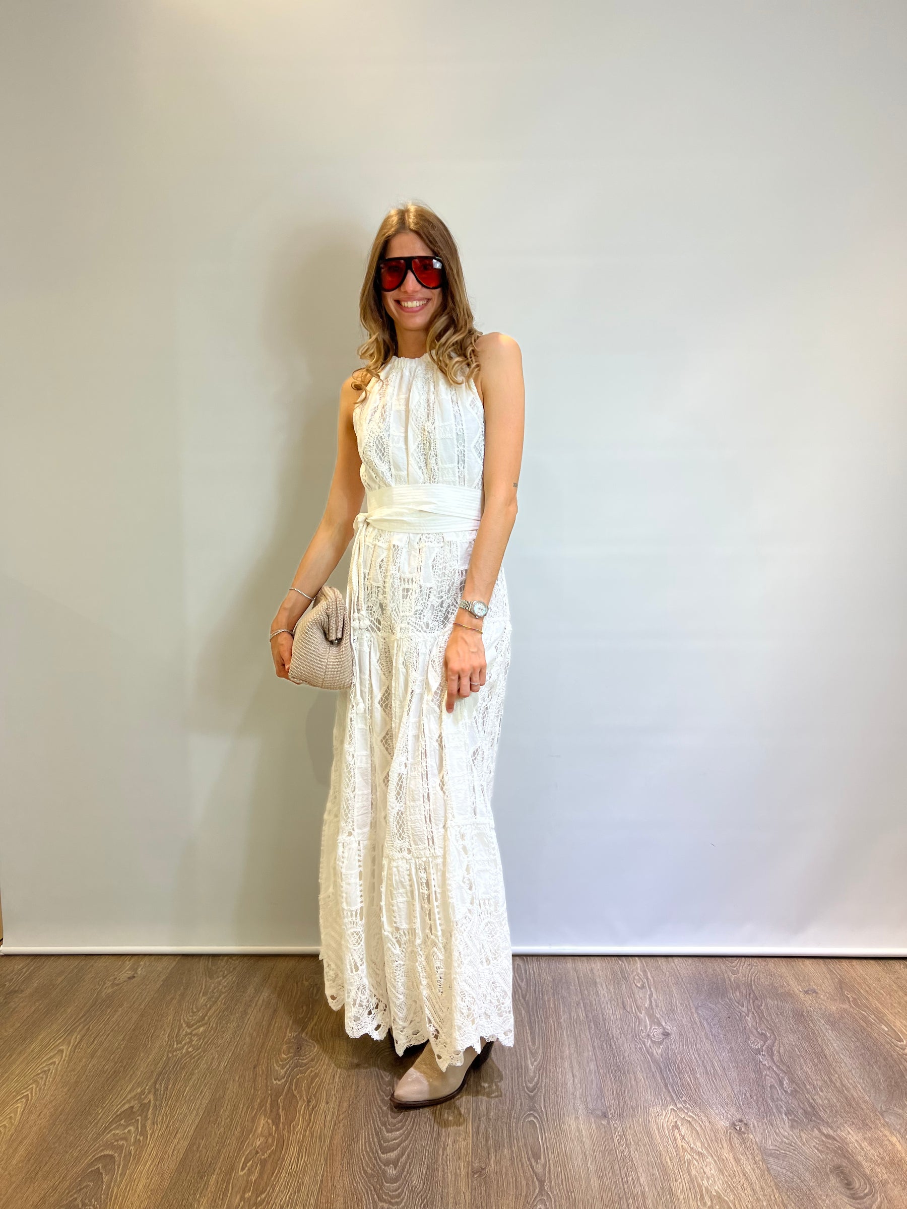 Abito lungo in sangallo e macrame'