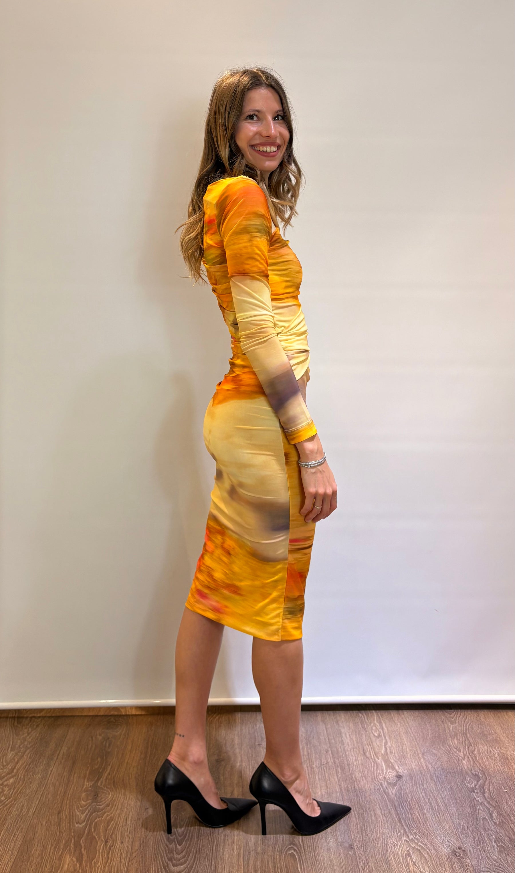 Vestito midi aderente stampa paesaggio